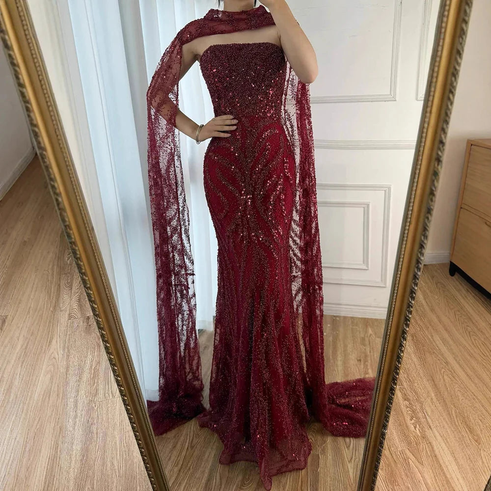 Luxury Nude Beaded Evening Dress with Cape Sleeves CLA72824