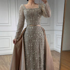 Luxury Dubai Arabic Muslim Caramel Mermaid Beaded Evening Gown with Overskirt CLA72533A