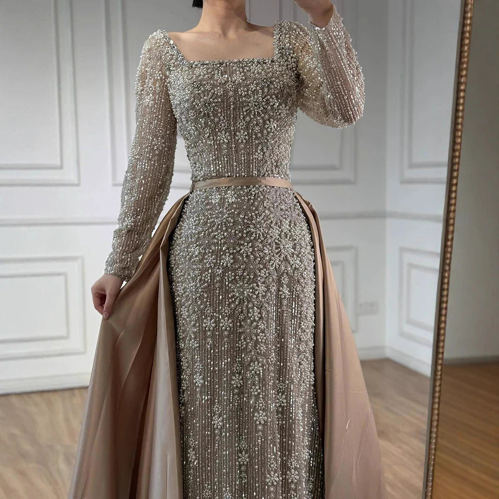 Luxury Dubai Arabic Muslim Caramel Mermaid Beaded Evening Gown with Overskirt CLA72533A
