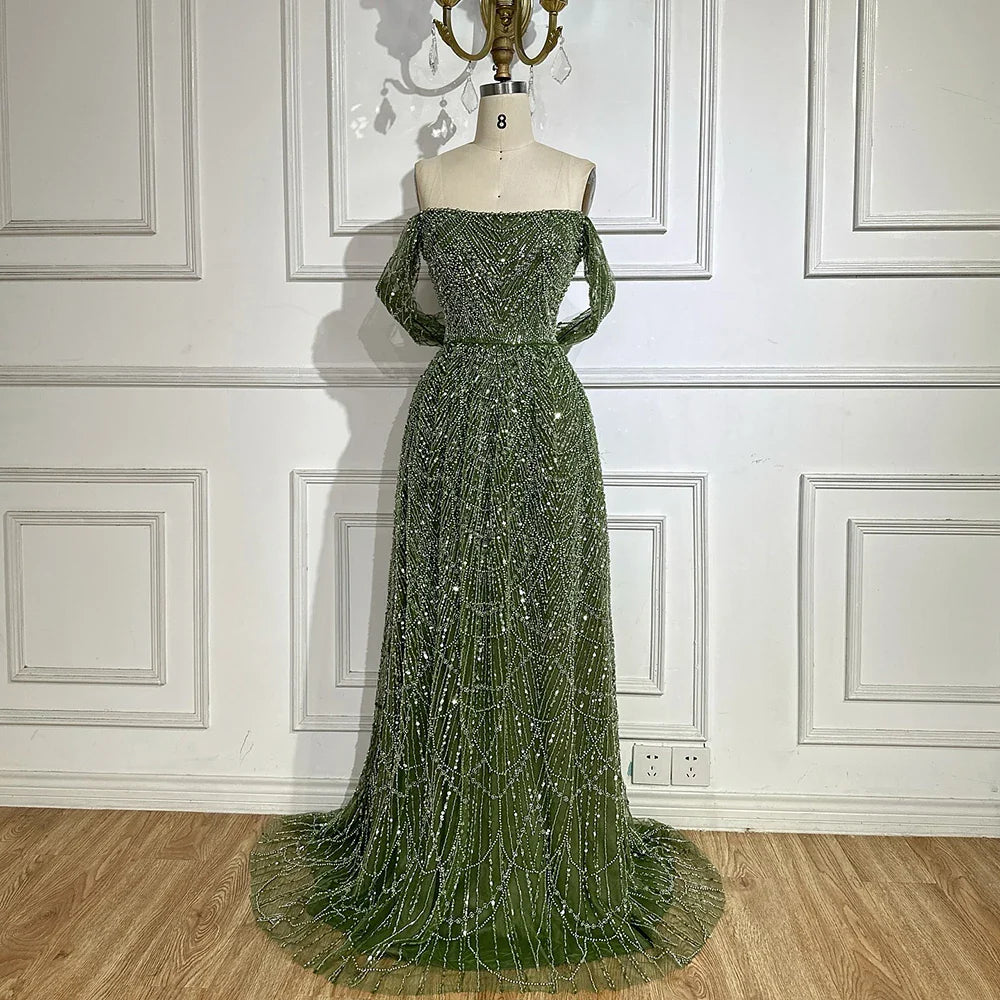 Luxury Nude A-Line Pearls Off Shoulder Evening Dress CLA72738A