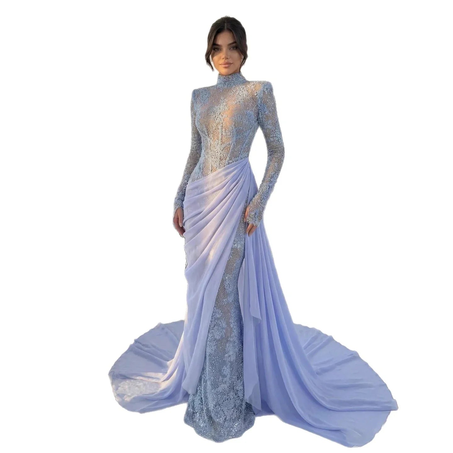 Luxury Lilac High Neck Beaded Mermaid Evening Dress CLA73407