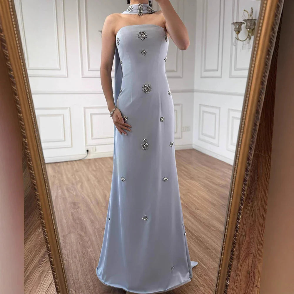 Arabic Simple Beaded Mermaid Strapless Evening Dress With Scarf Women Occasion Gown CLA73100