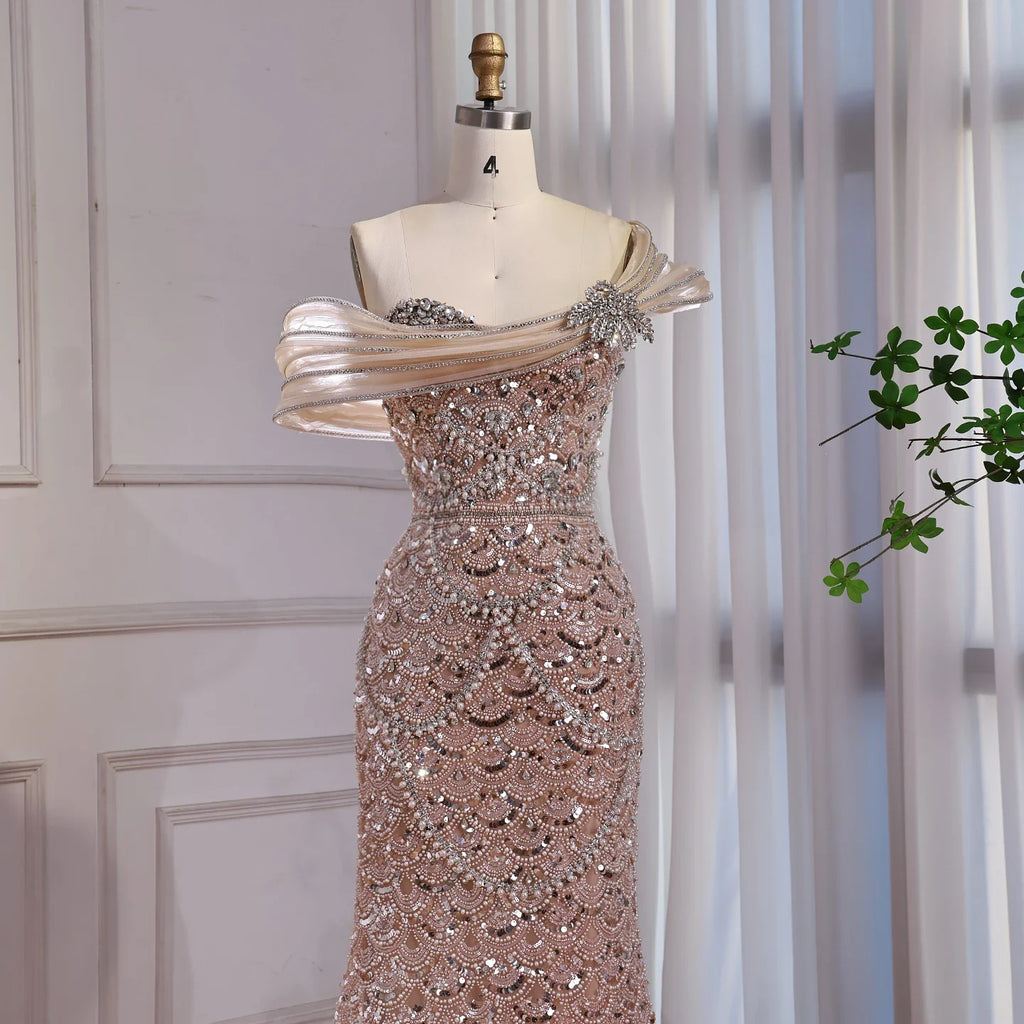 Luxury Nude Beaded Off Shoulder Mermaid Evening Dress CLA73365A