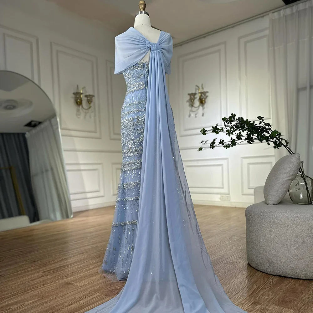 Arabic Sage Green Simple Beaded Mermaid Evening Dress With Chiffon Cape CLA72126B