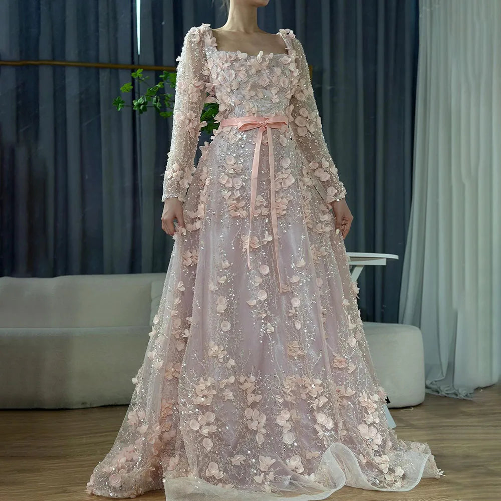 Arabic Simple Style Floral Square Neck Long Sleeves A-Line Evening Dress Women Wedding Party Gown CLA72657