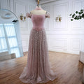 Simple Arabic Pink Pearls Beaded Evening Dress With Shawl CLA72922