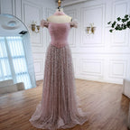 Simple Arabic Pink Pearls Beaded Evening Dress With Shawl CLA72922