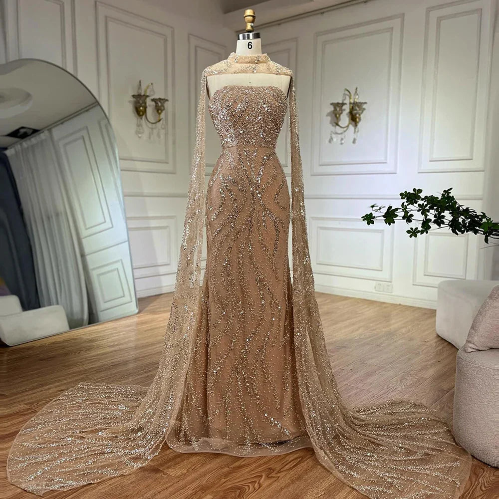 Luxury Nude Beaded Evening Dress with Cape Sleeves CLA72824