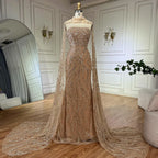 Luxury Nude Beaded Evening Dress with Cape Sleeves CLA72824
