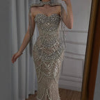 Kosovo Luxury Beaded Pearls Tassels Nude Evening Dress With Short Cape CLA72876