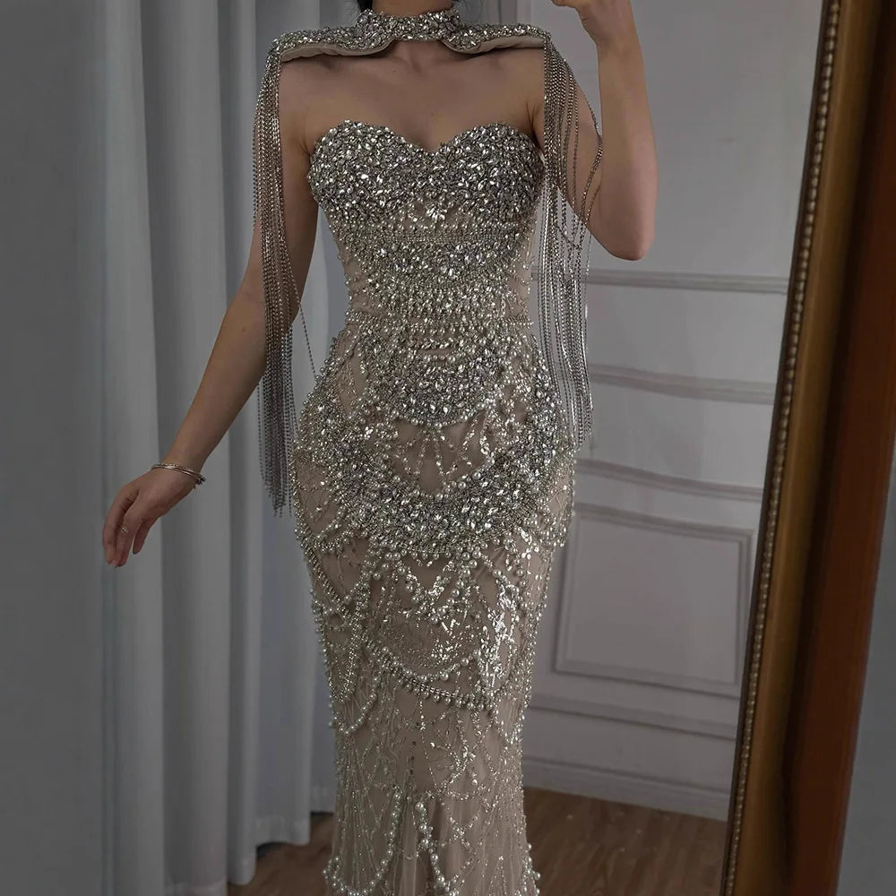 Kosovo Luxury Beaded Pearls Tassels Nude Evening Dress With Short Cape CLA72876