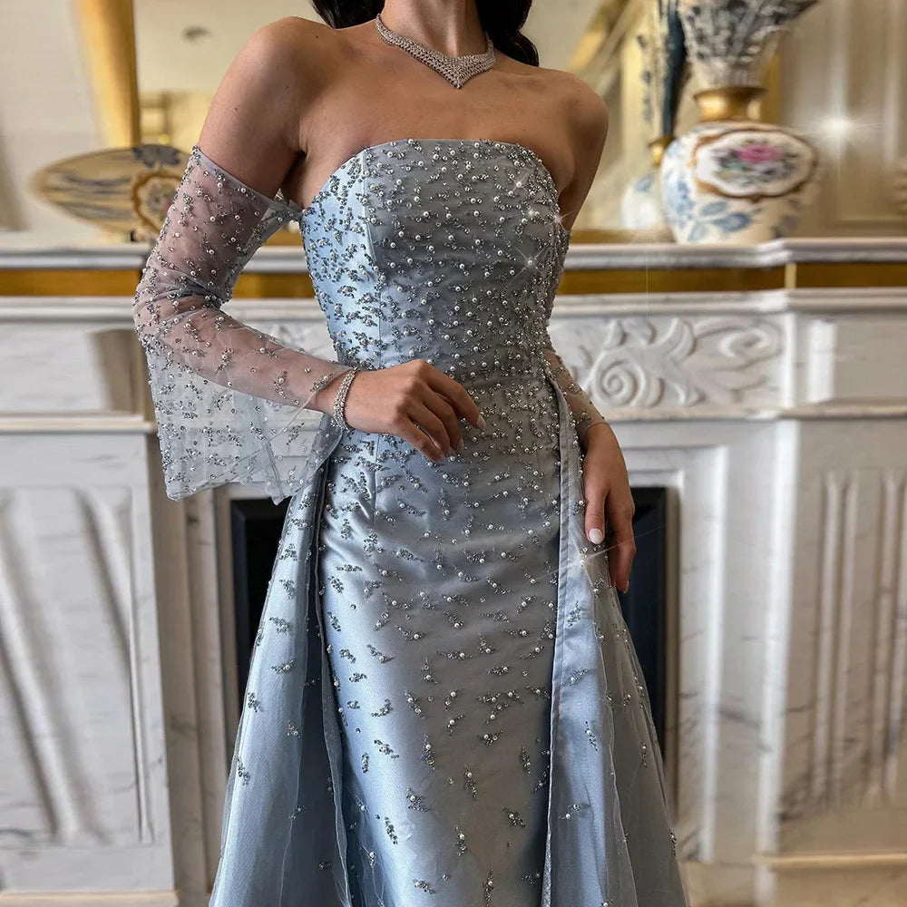 Dubai Luxury Blue Beaded Pearls Evening Gown with Overskirt CLA72705
