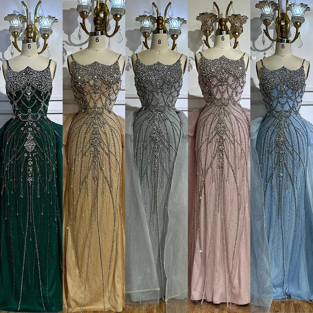 Luxury Dubai Nude Beaded Spaghetti Strap Evening Dress Mermaid With Overskirt CLA72810