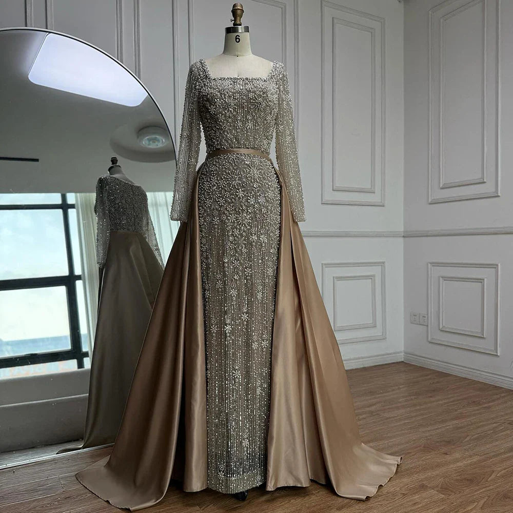 Luxury Dubai Arabic Muslim Caramel Mermaid Beaded Evening Gown with Overskirt CLA72533A