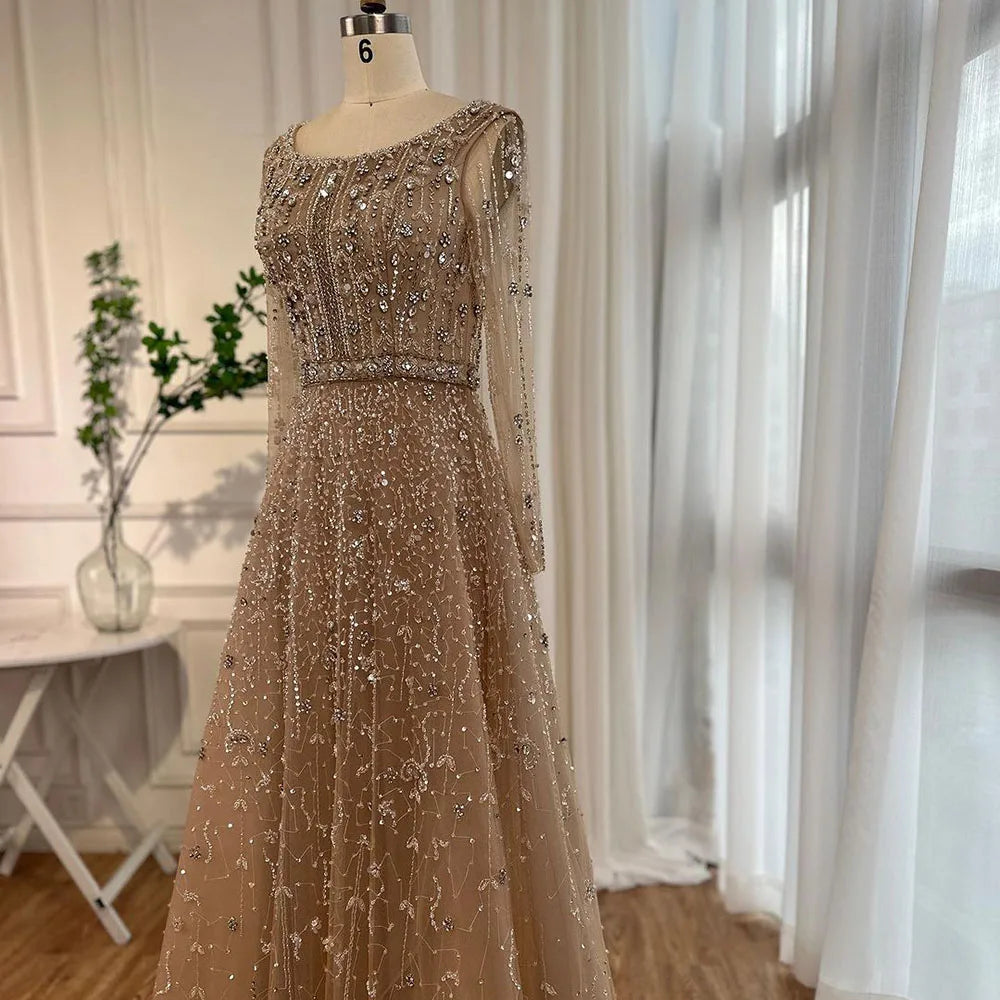 Arabic Modest Hijab Luxury Nude A-Line Beaded Evening Dress CLA72088