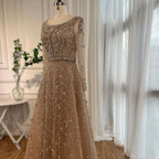 Arabic Modest Hijab Luxury Nude A-Line Beaded Evening Dress CLA72088