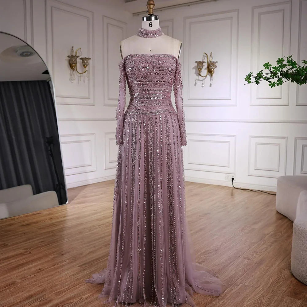 Luxury Caramel Off Shoulder Beaded Mermaid Evening Dress Long Sleeves CLA73053