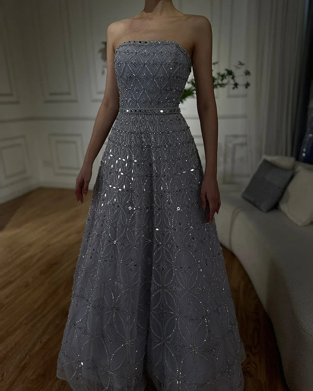 Luxury Dubai Arabic Gray A-Line Elegant Beaded Strapless Evening Dresses Gowns For Formal Occasion CLA72755