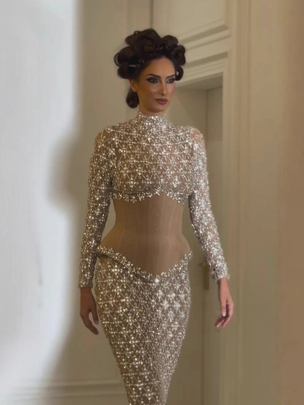 Luxury Silver Nude Beaded Corset Mermaid Evening Dress CLA73335
