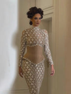 Luxury Silver Nude Beaded Corset Mermaid Evening Dress CLA73335