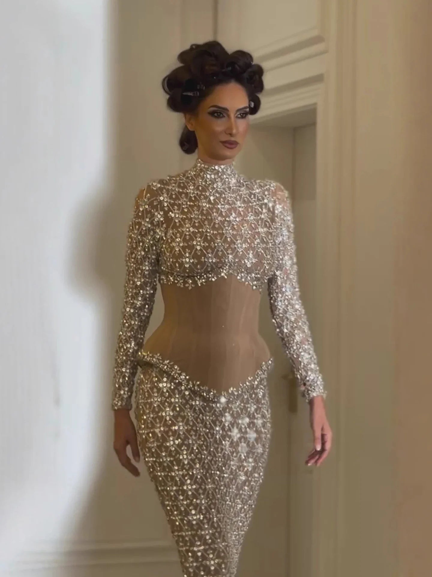 Luxury Silver Nude Beaded Corset Mermaid Evening Dress CLA73335