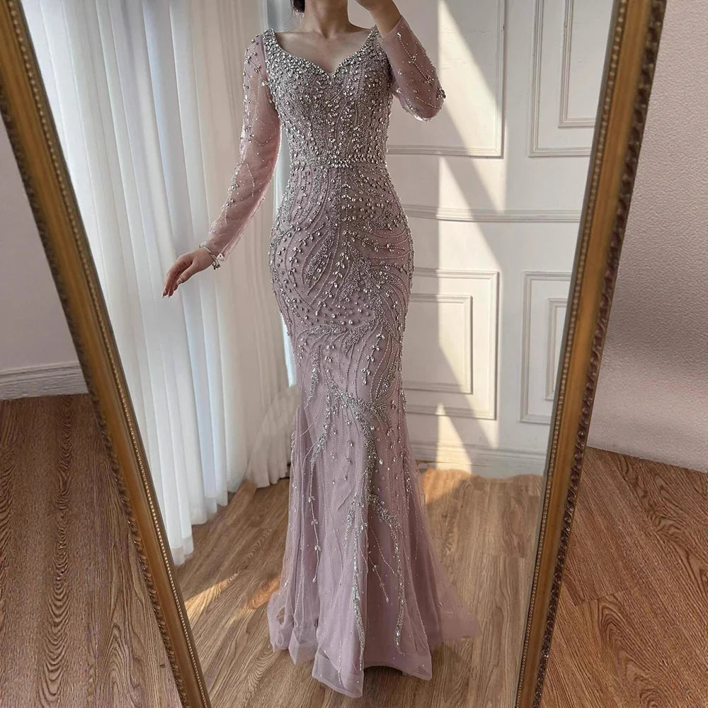 Luxury Muslim Nude Arabic Mermaid Beaded Evening Dress CLA73191