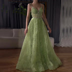 Sage Green A-Line Spaghetti Straps Simple Beaded Prom Dress CLA72636