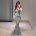 Luxury Turquoise Beaded Evening Dress With Gloves CLA72933