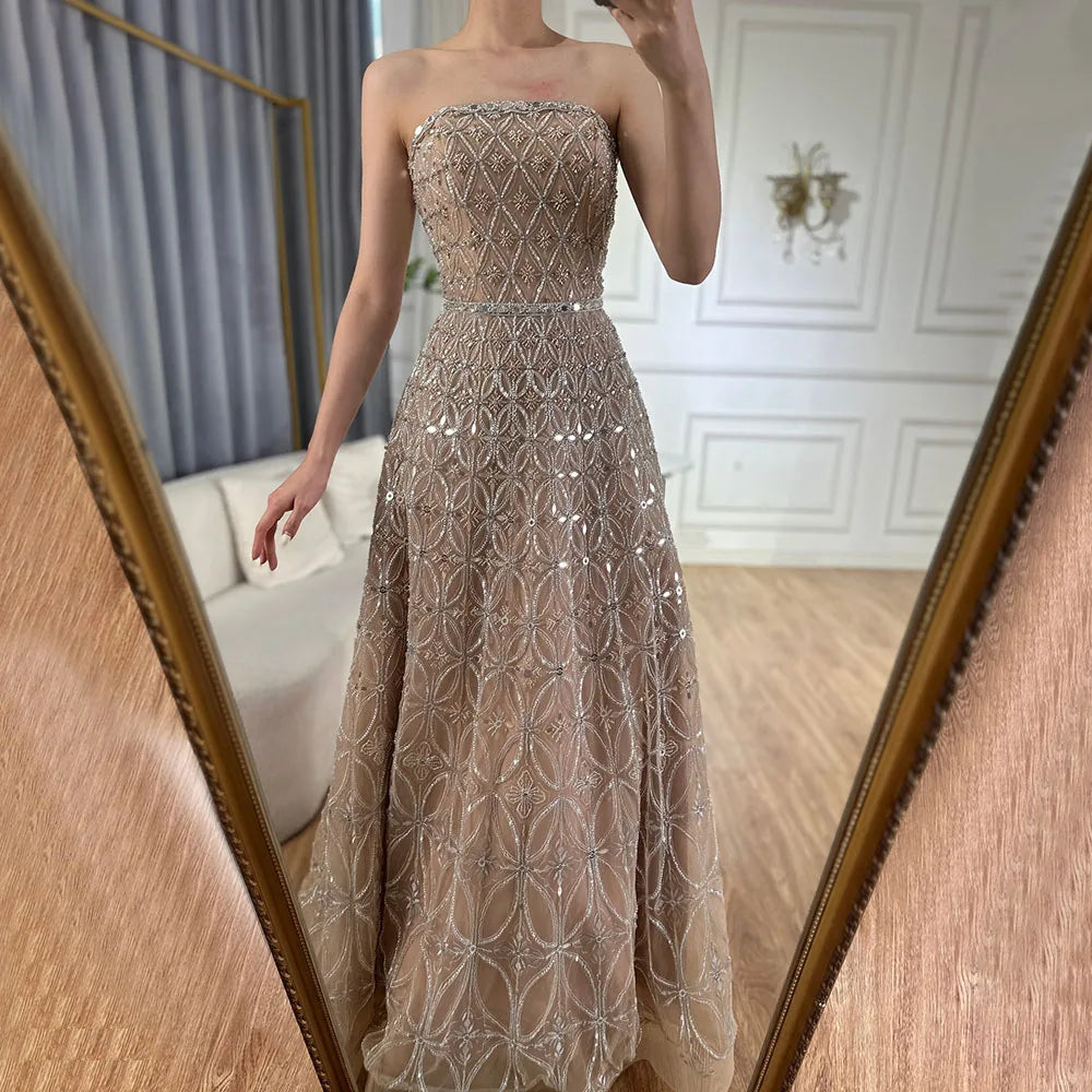 Luxury Dubai Arabic Gray A-Line Elegant Beaded Strapless Evening Dresses Gowns For Formal Occasion CLA72755