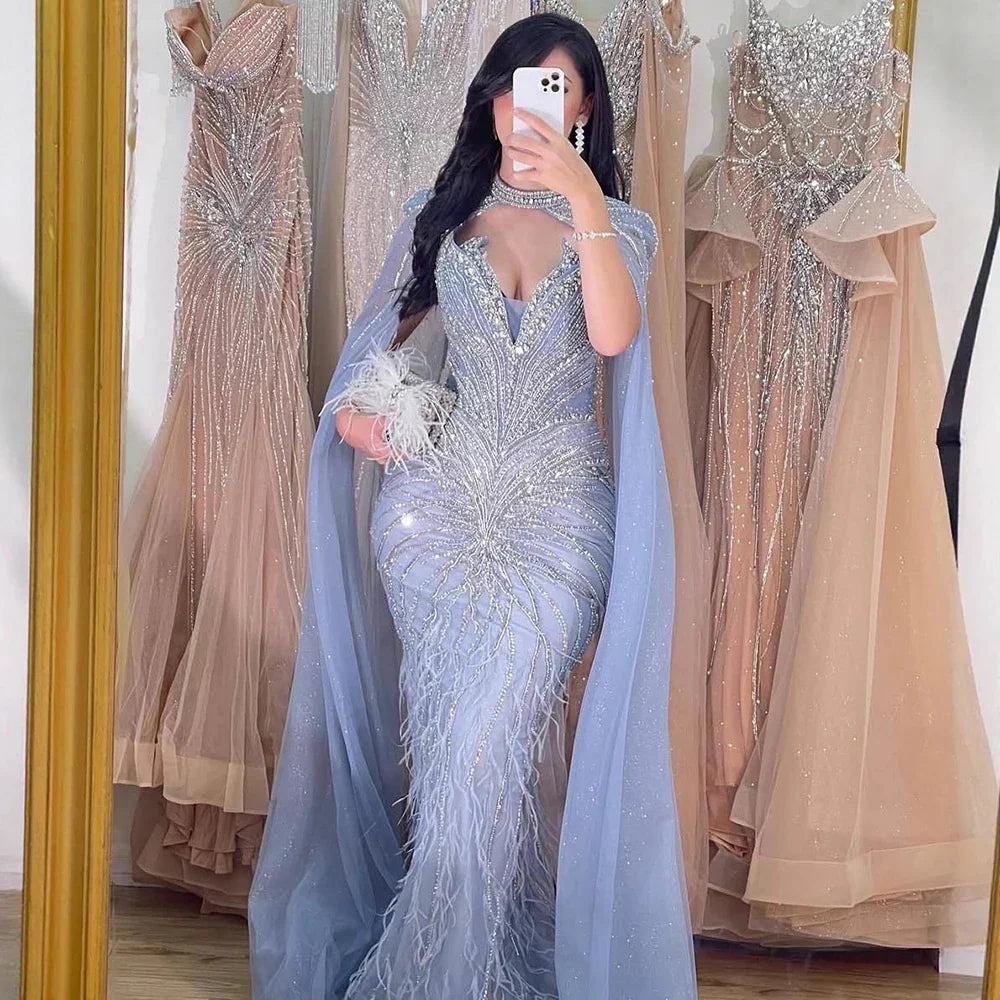 Luxury Beaded Feathers Evening Dress Mermaid With Cape Gown For Formal Occasion CLA72882