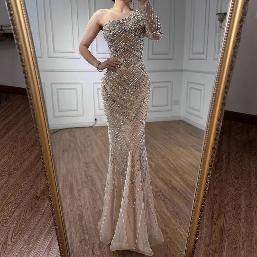 Luxury Nude One Shoulder Long Sleeve Beaded Evening Dress CLA73180