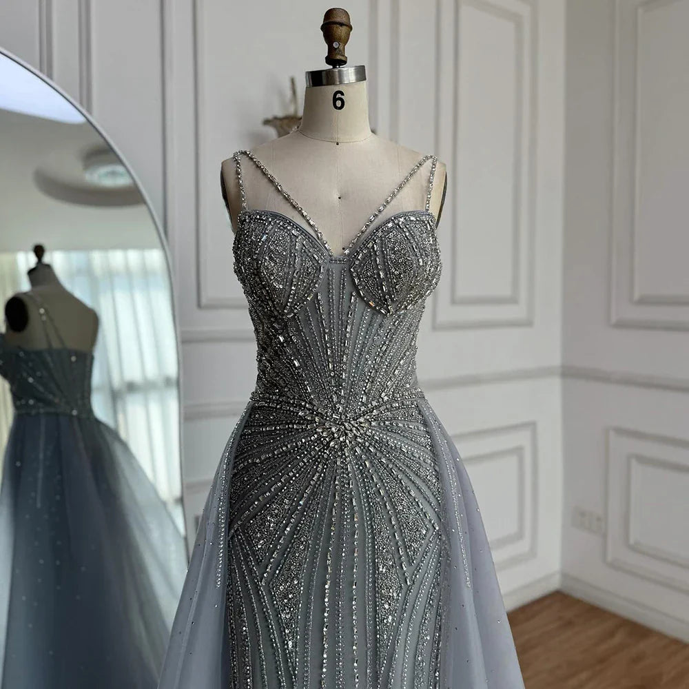 Luxury Nude Spaghetti Strap Mermaid Evening Dress with Overskirt Beaded CLA73090A