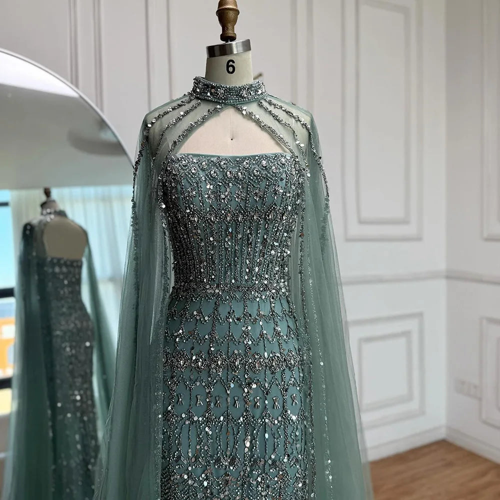 Arabic Luxury Beaded Strapless Mermaid Evening Dress With Cape Women Wedding Party Gown CLA72714B