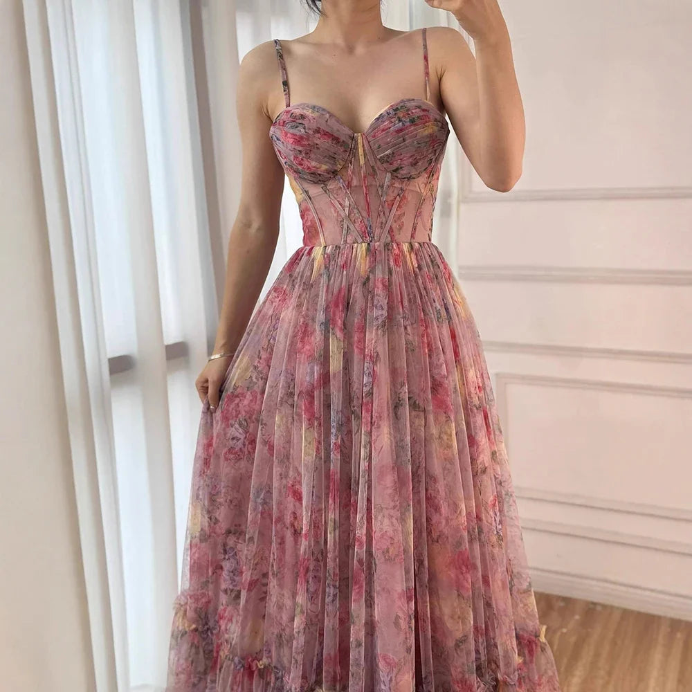 Arabic Chiffon Printed Floral Sleeveless A-Line Prom Dress CLA73149