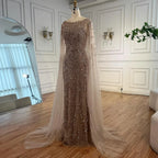 Luxury Caramel Beaded Mermaid Evening Dress With Cape Sleeves CLA73078