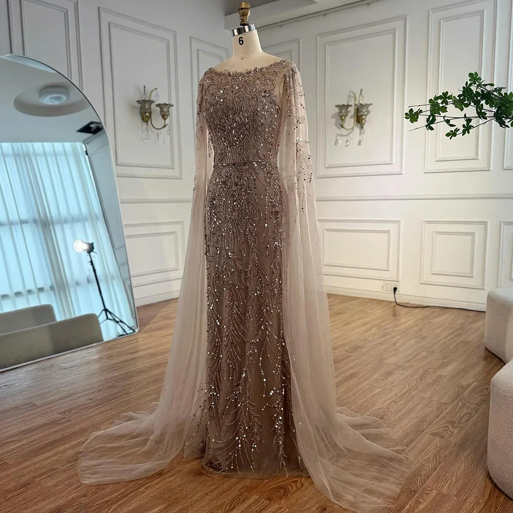 Luxury Caramel Beaded Mermaid Evening Dress With Cape Sleeves CLA73078