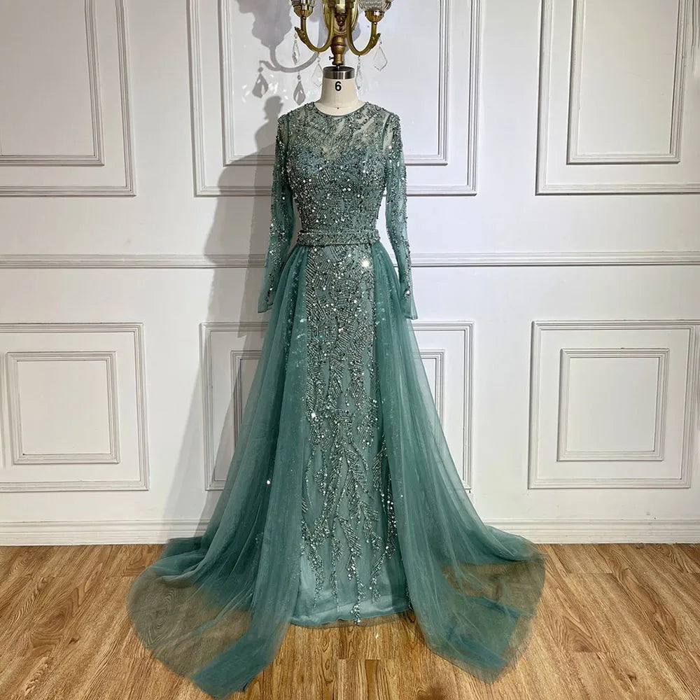 Turquoise Luxury Beaded Mermaid With Overskirt Evening Dress Hijab Hijab Modest For Muslim Women Wedding Party Gown