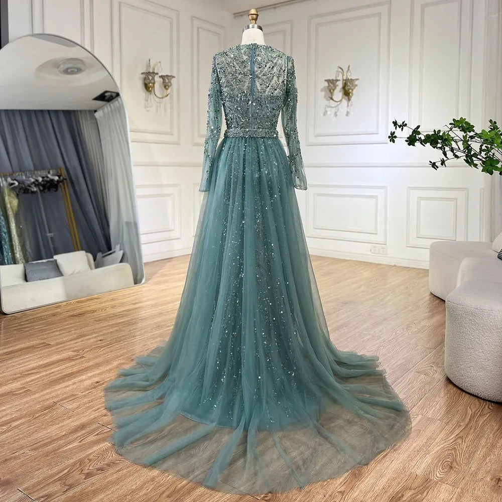 Turquoise Luxury Beaded Mermaid With Overskirt Evening Dress Hijab Hijab Modest For Muslim Women Wedding Party Gown