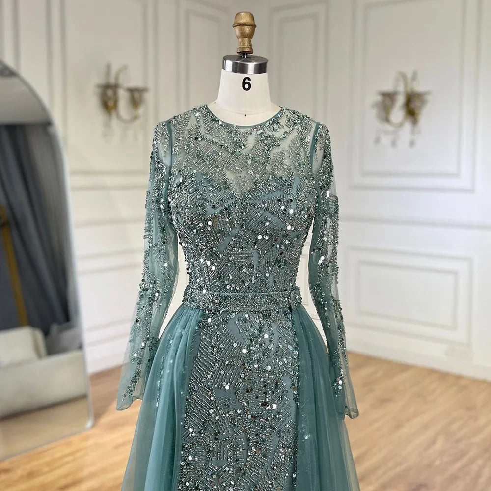 Turquoise Luxury Beaded Mermaid With Overskirt Evening Dress Hijab Hijab Modest For Muslim Women Wedding Party Gown