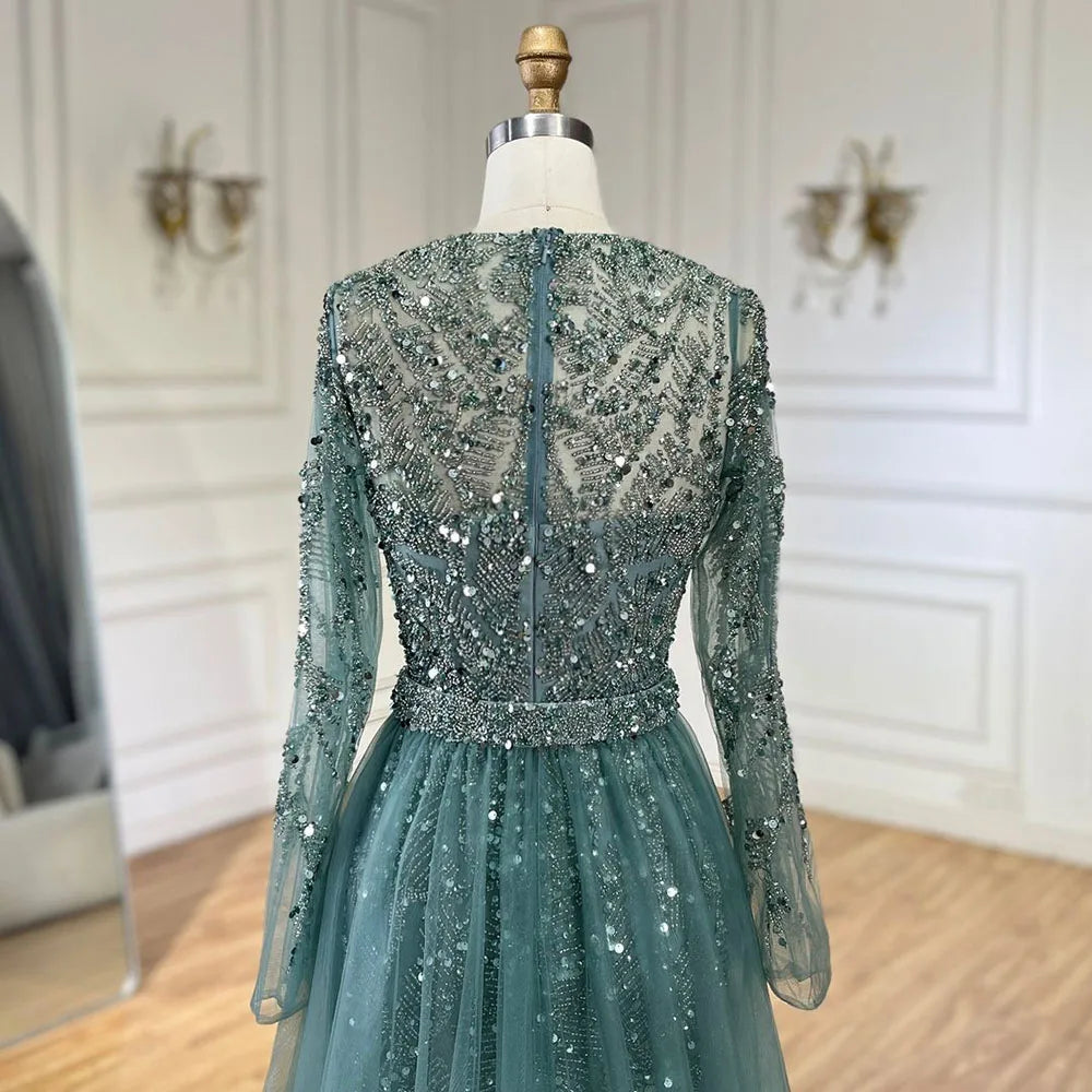 Turquoise Luxury Beaded Mermaid With Overskirt Evening Dress Hijab Hijab Modest For Muslim Women Wedding Party Gown