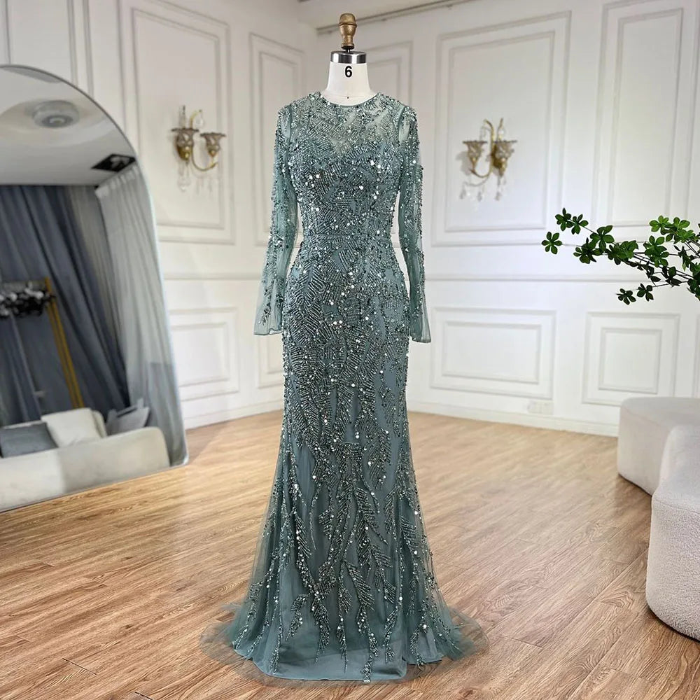 Turquoise Luxury Beaded Mermaid With Overskirt Evening Dress Hijab Hijab Modest For Muslim Women Wedding Party Gown