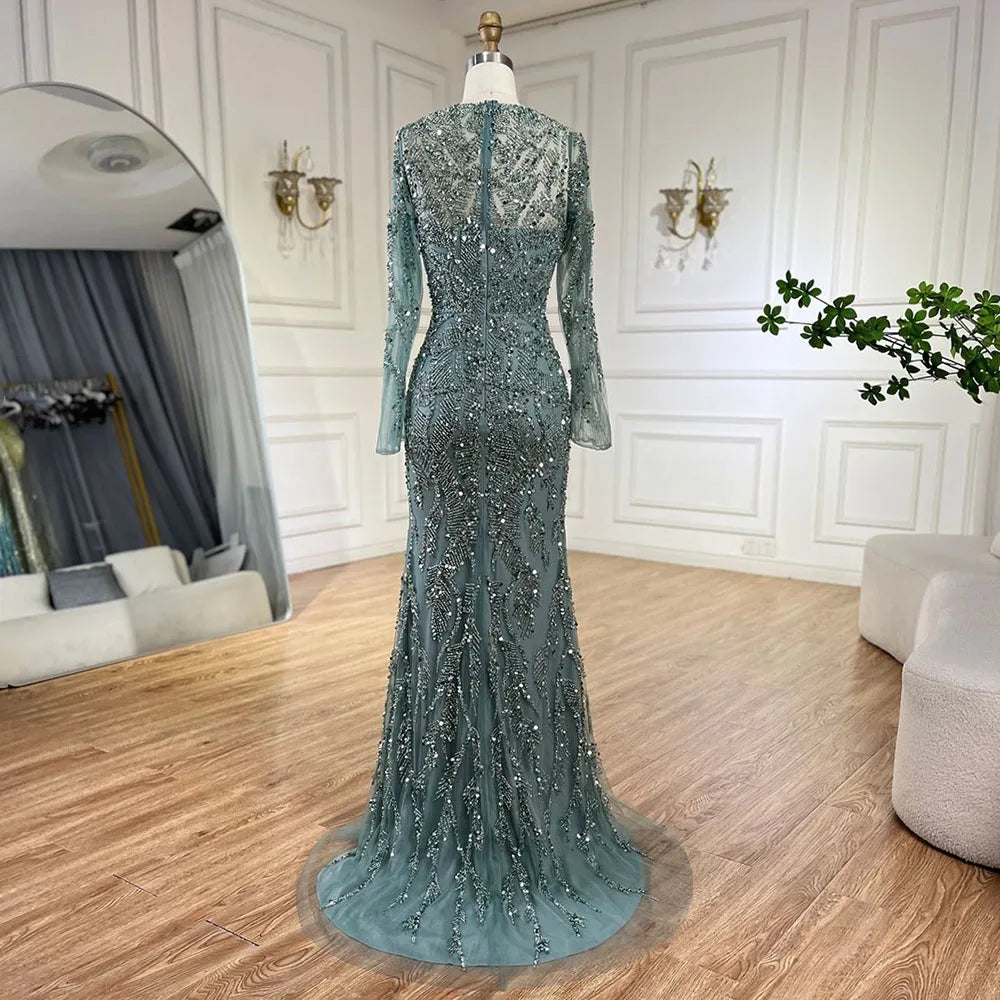 Turquoise Luxury Beaded Mermaid With Overskirt Evening Dress Hijab Hijab Modest For Muslim Women Wedding Party Gown