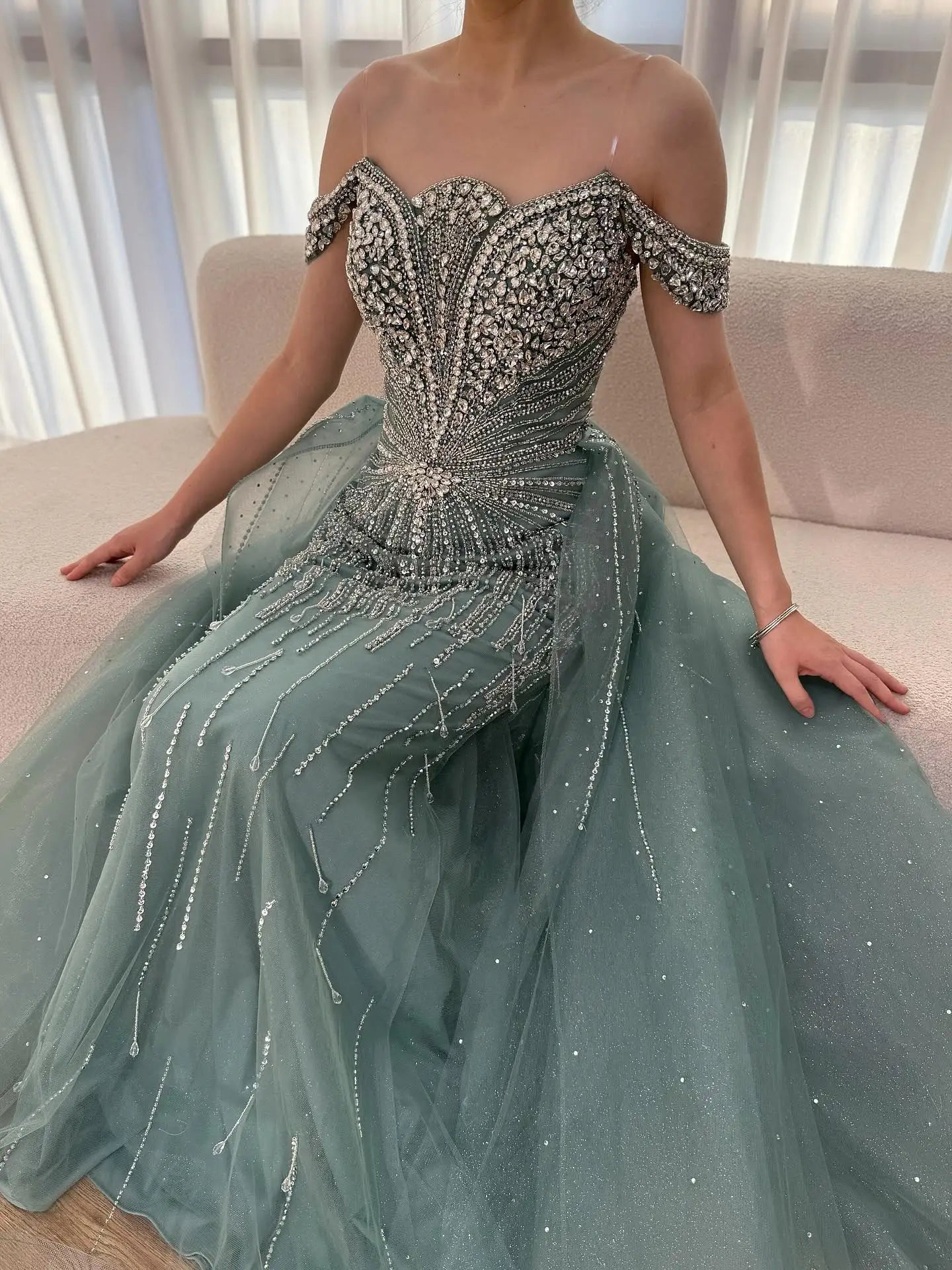 Turquoise Luxury Beaded Off Shoulder Elegant Mermaid With Overskirt Evening Dresses Wedding Afterparty Occasion Gown