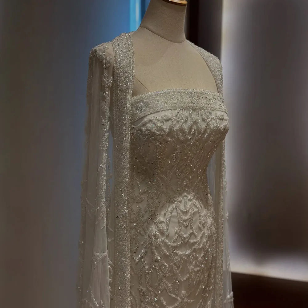 Luxury White Dubai Arabia Beaded Evening Dress With Cape CLA72870
