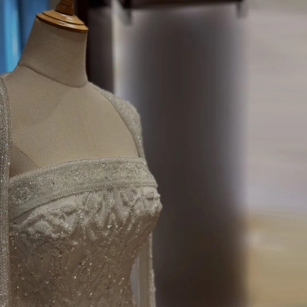 Luxury White Dubai Arabia Beaded Evening Dress With Cape CLA72870