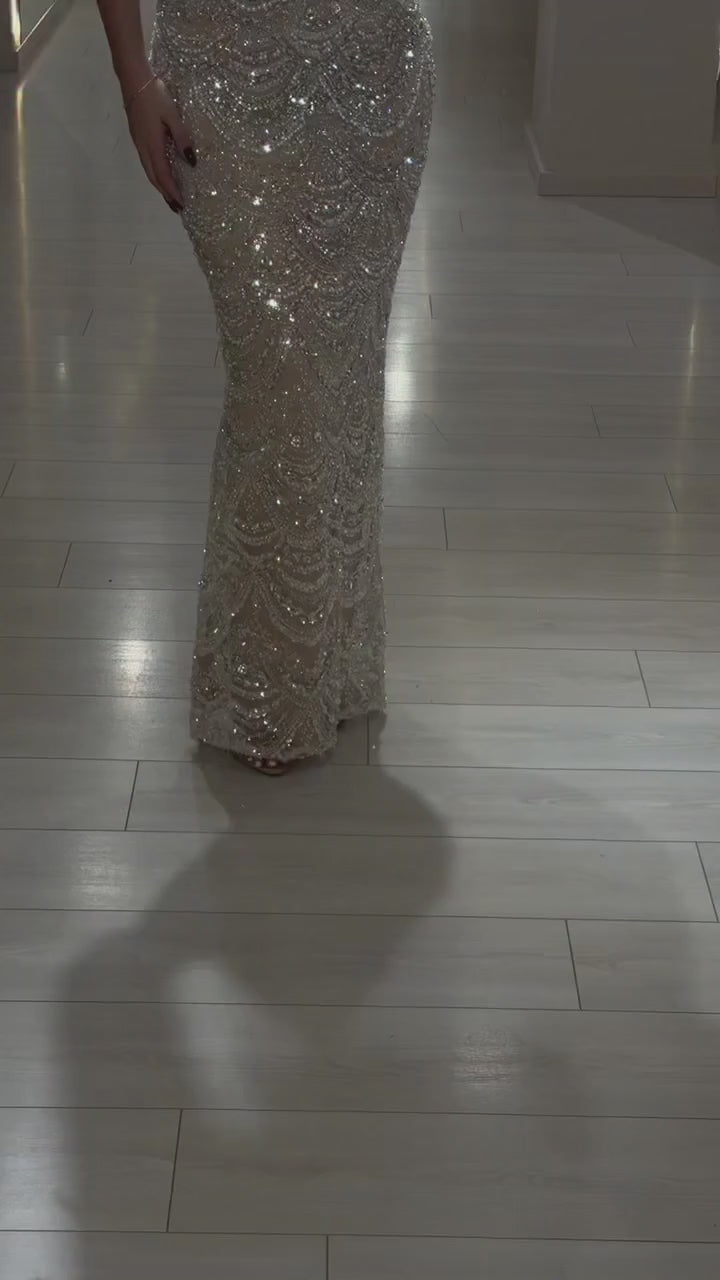 Luxury Nude Pearl Beaded Mermaid Evening Dress LA73395