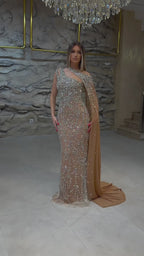Luxury Nude Silver One Shoulder Crystal Beaded Mermaid Evening Dress With Cape LA73485