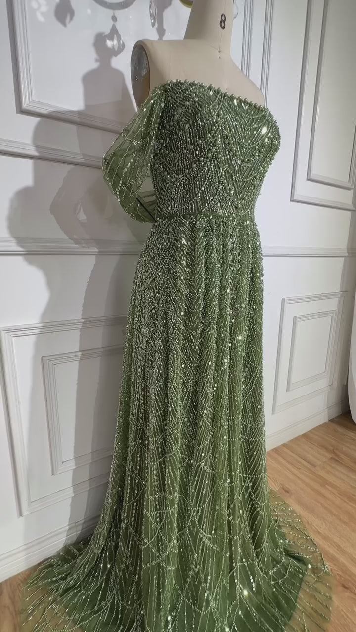 Luxury Nude A-Line Pearls Off Shoulder Evening Dress CLA72738A