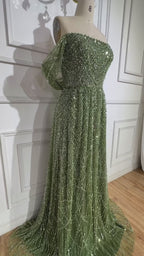 Luxury Nude A-Line Pearls Off Shoulder Evening Dress CLA72738A
