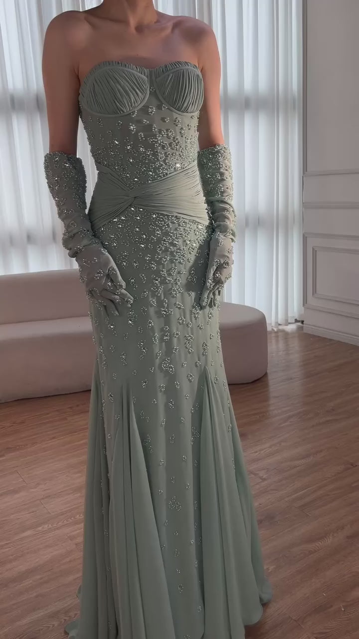 Luxury Turquoise Beaded Evening Dress With Gloves CLA72933
